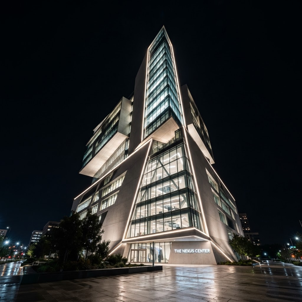Finished modern civic building at night